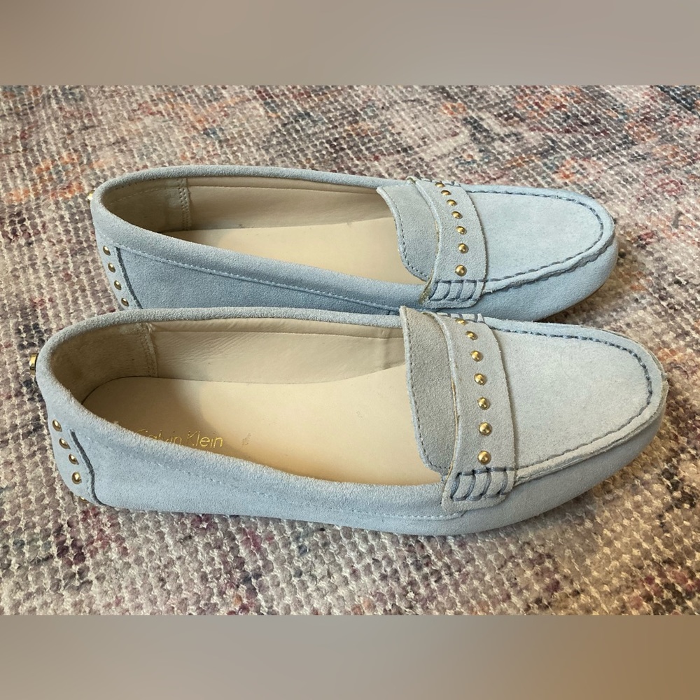 Calvin Klein light blue studded suede loafers